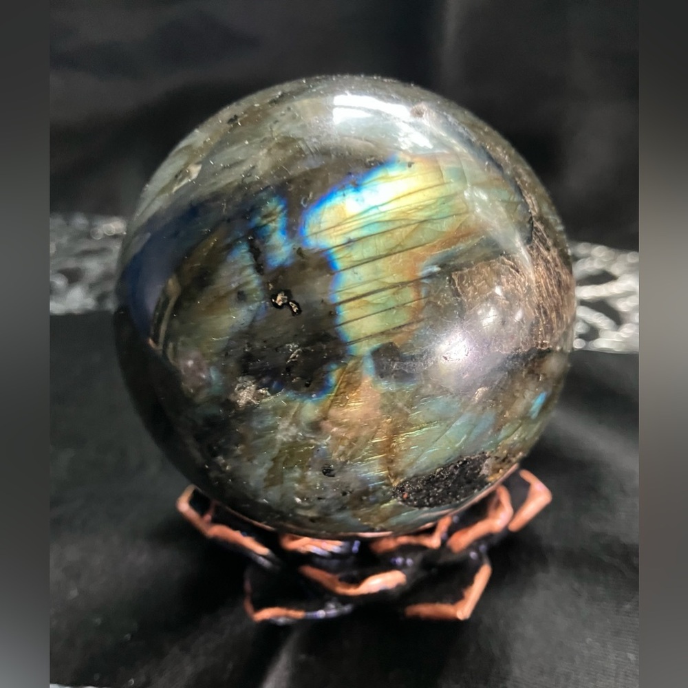 Large Labradorite Crystal Ball rainbow flash with lotus flower stand